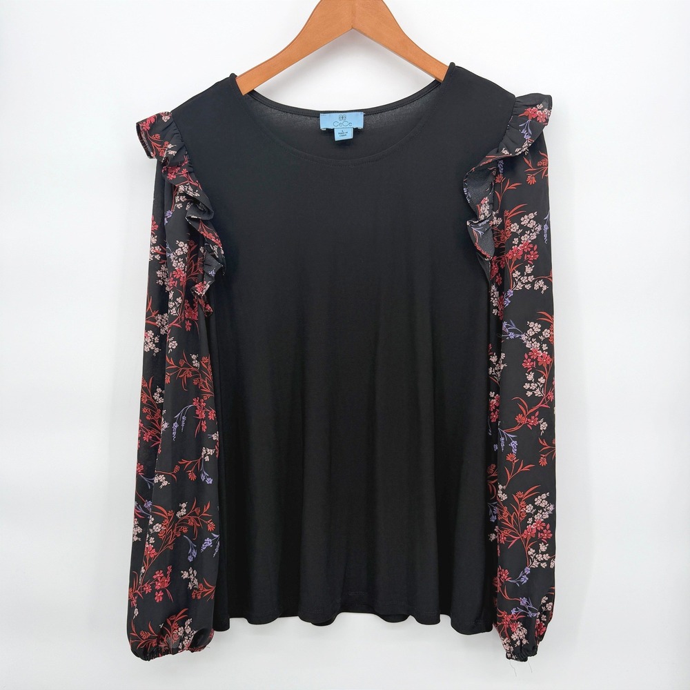 CeCe Blouse Floral Ruffle Sleeve Mixed Media Boho Dark Whimsy Top Size Large